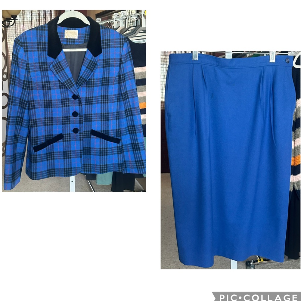 Vintage Pendleton Wool Suit Blue Plaid Velvet Trim Blazer Skirt Set USA